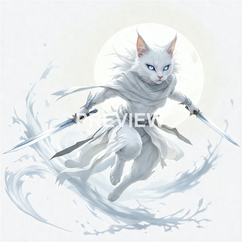 A fantasy illustration of a humanoid creature with a cat's head and fur, dressed in white robes, wielding two swords, and surrounded by swirling white energy against a pale background.